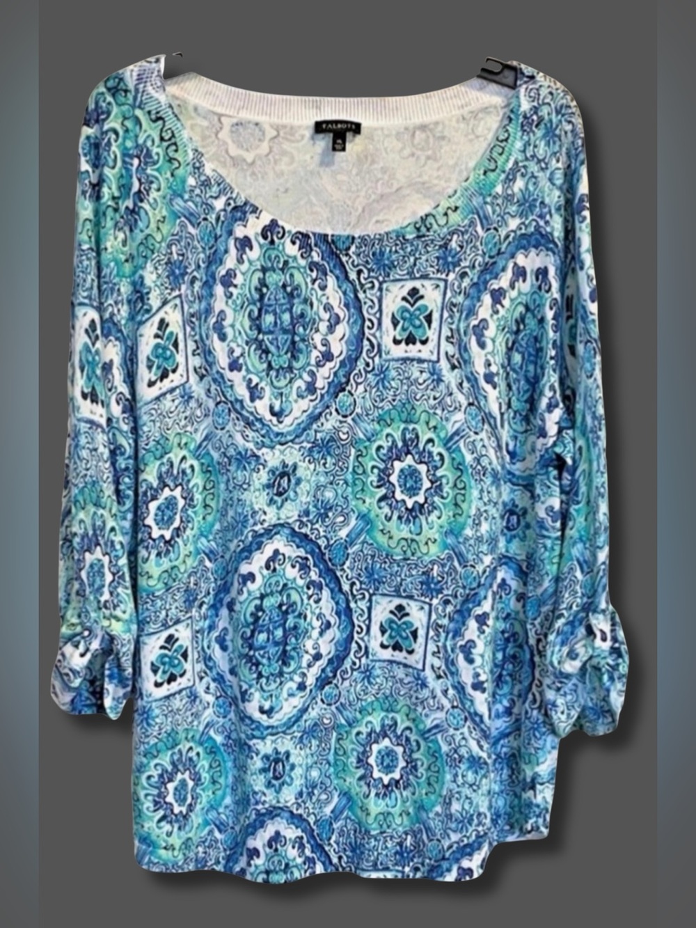 Talbots XL Blue Medallion Print Lightweight Knit Top Roll Tab Sleeve Sweater